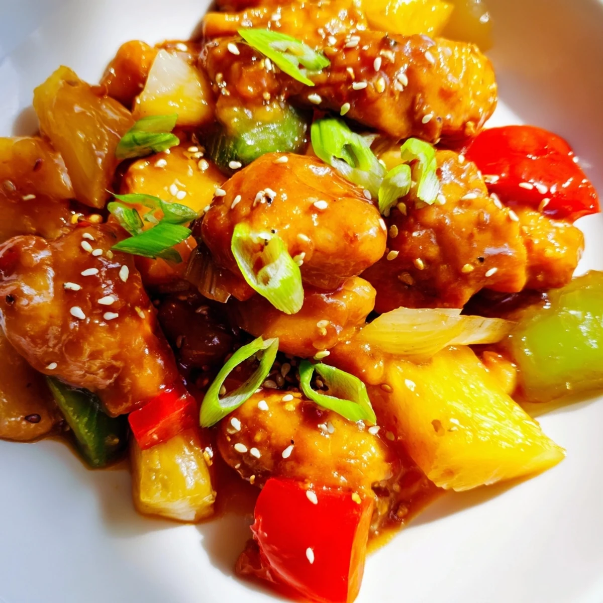 Slow Cooker Hawaiian Pineapple Chicken served steaming from the slow cooker over fluffy white rice with green onions and sesame seeds.