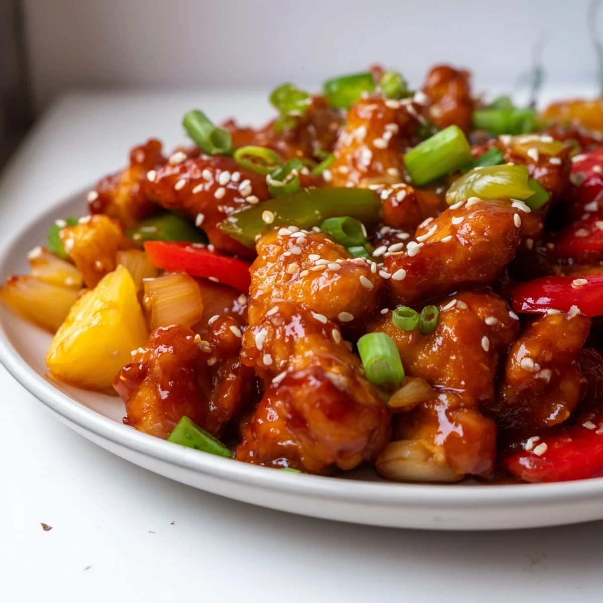 A plate of Slow Cooker Hawaiian Pineapple Chicken with juicy thighs, colorful peppers, and pineapple in a sweet-tangy Hawaiian sauce.
