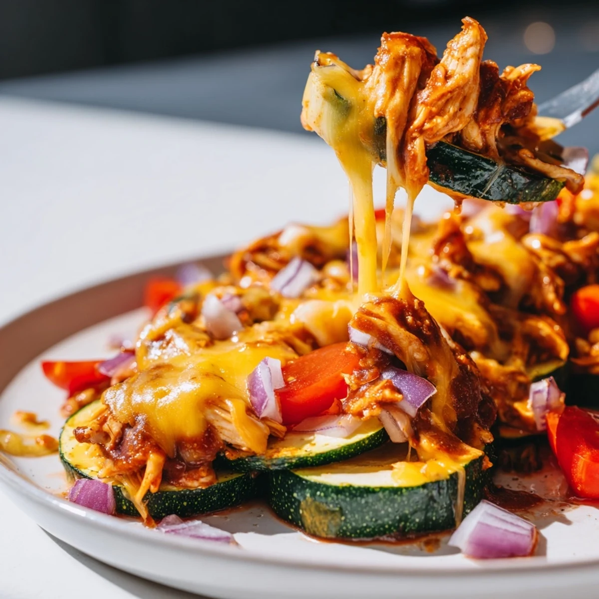 Roasted zucchini rounds topped with smoky BBQ chicken, melty cheese, and fresh cilantro garnish in this Cheesy BBQ Chicken Zucchini Nachos recipe.