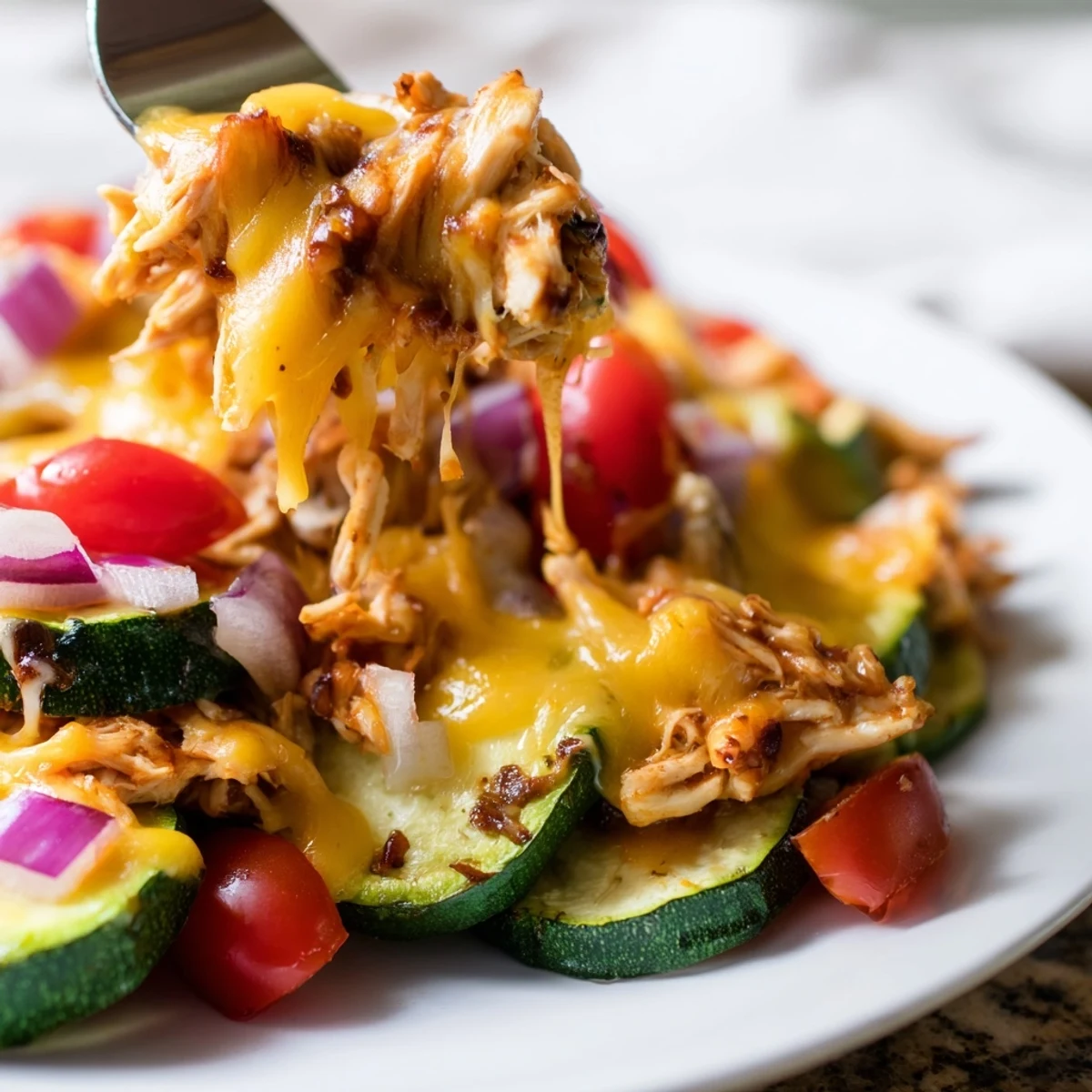 Freshly baked Cheesy BBQ Chicken Zucchini Nachos featuring golden zucchini, shredded BBQ chicken, cheddar, and lime wedges for a flavor-packed appetizer.