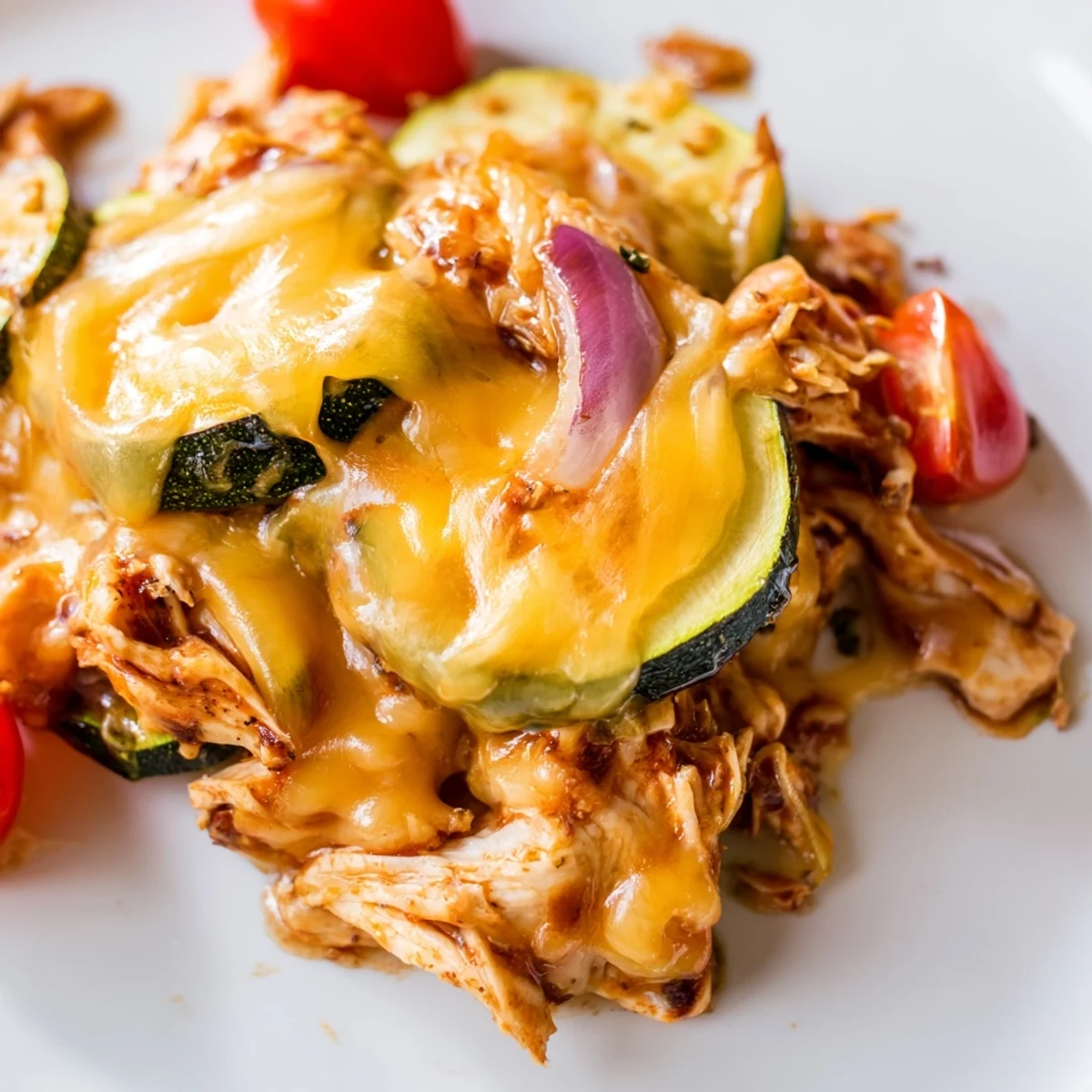 A close-up of low-carb Cheesy BBQ Chicken Zucchini Nachos with vibrant tomatoes, red onion, and a drizzle of sour cream ready to serve.