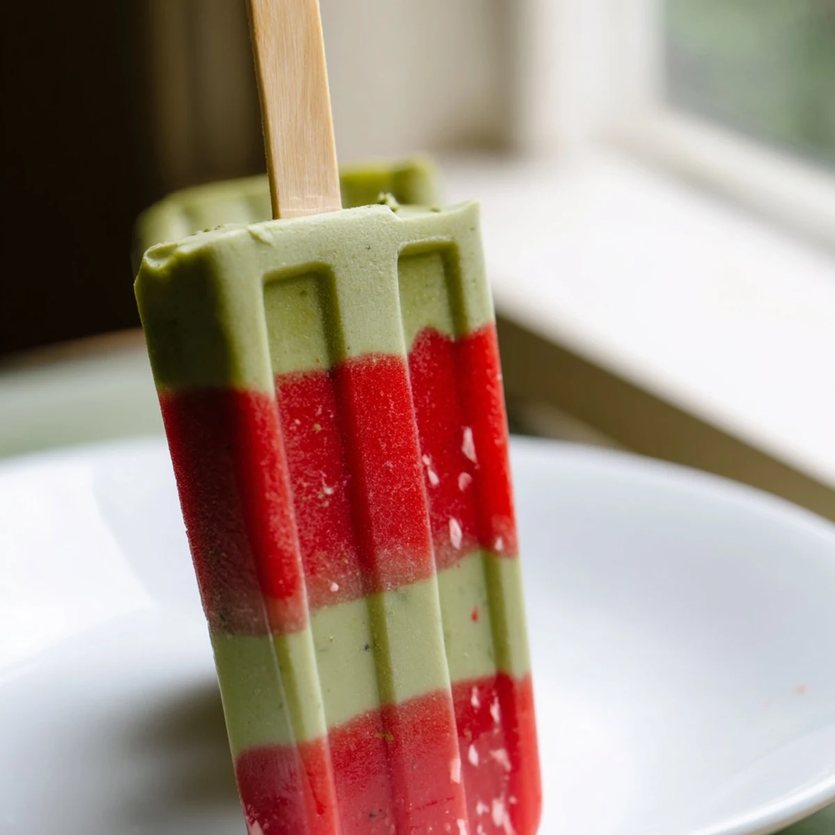 Homemade Strawberry Matcha Latte Popsicles showing a swirled pink and green design on a rustic wooden table.