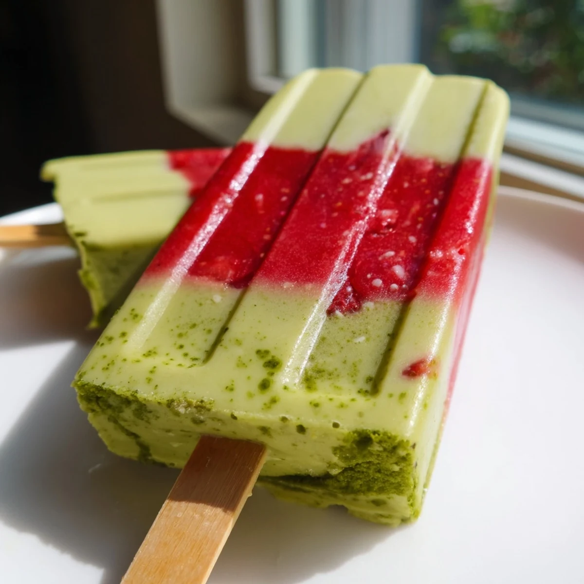 Refreshing, creamy Strawberry Matcha Latte Popsicles layered with bright red berries and vibrant green matcha for summer.