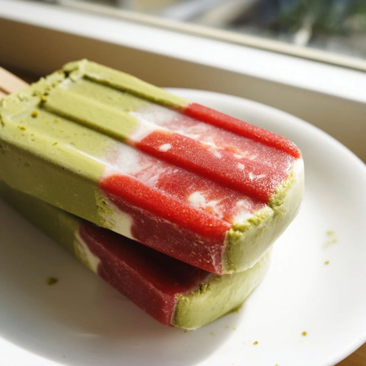 Easy vegetarian, gluten-free Strawberry Matcha Latte Popsicles with a matcha drizzle and fresh strawberries nearby for serving.