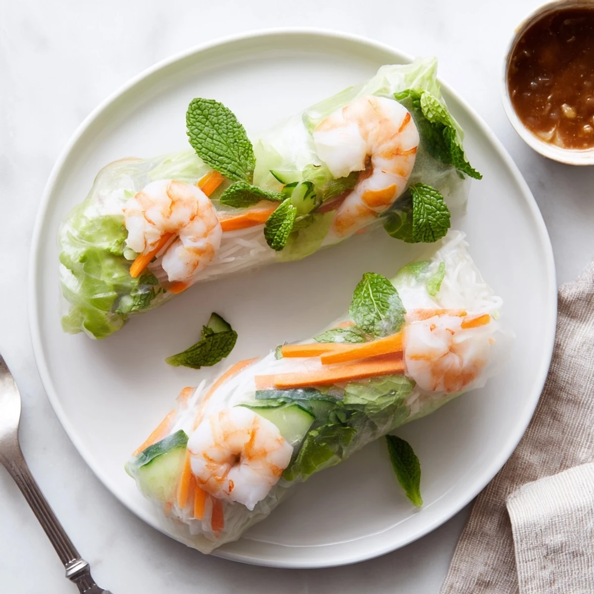 Fresh Vietnamese Spring Rolls with shrimp, herbs, and crisp veggies on a plate beside peanut dipping sauce.