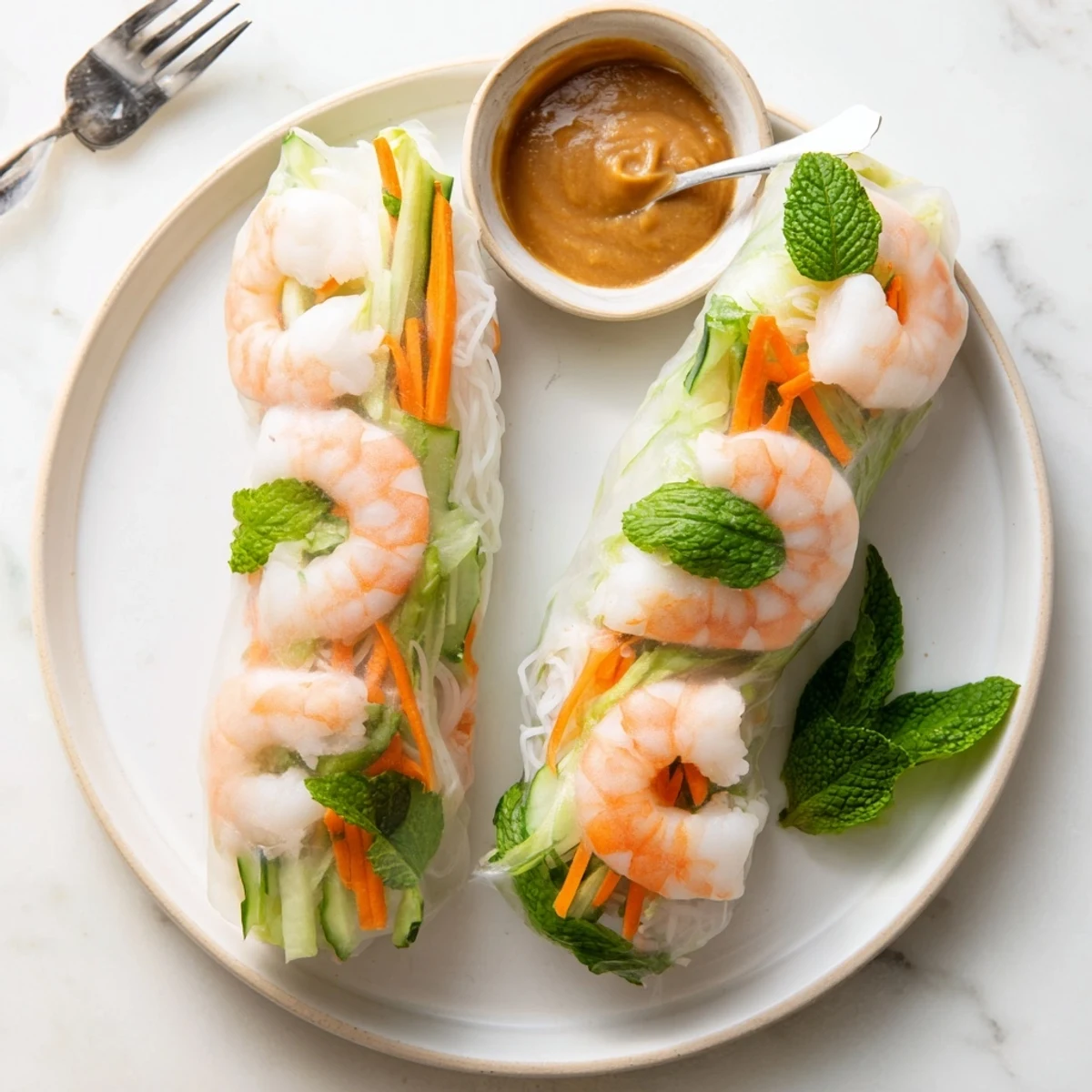 Vietnamese Spring Rolls rolled in rice paper, filled with vermicelli, cucumber, carrot, mint, and served with peanut sauce.