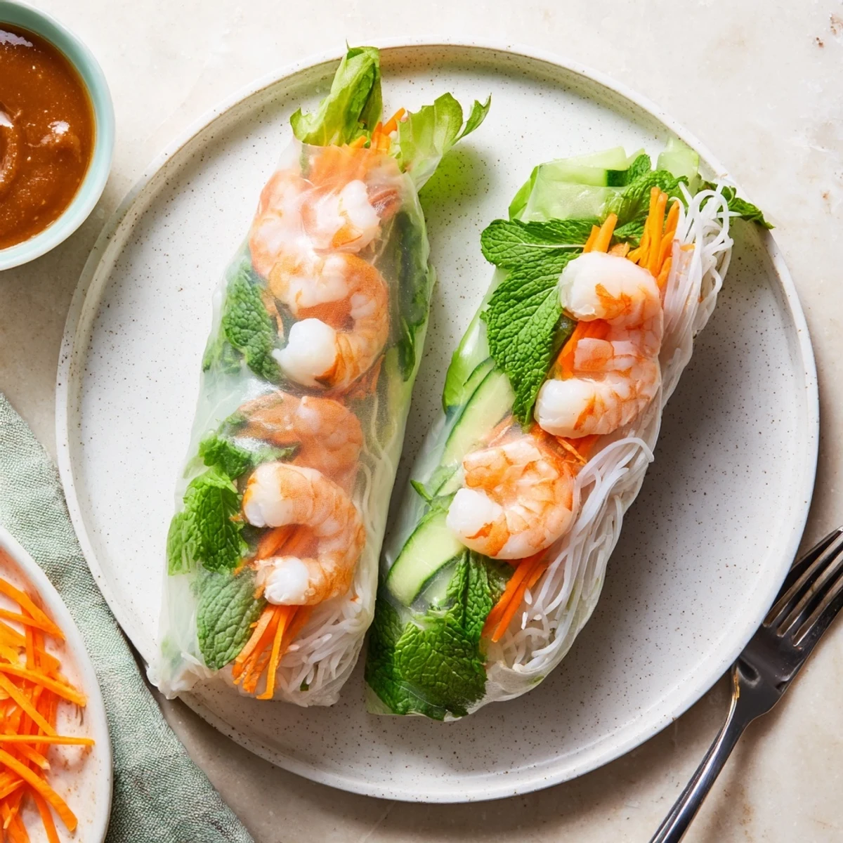 A platter of Vietnamese Spring Rolls with shrimp and tofu, paired with a savory peanut sauce for dipping.