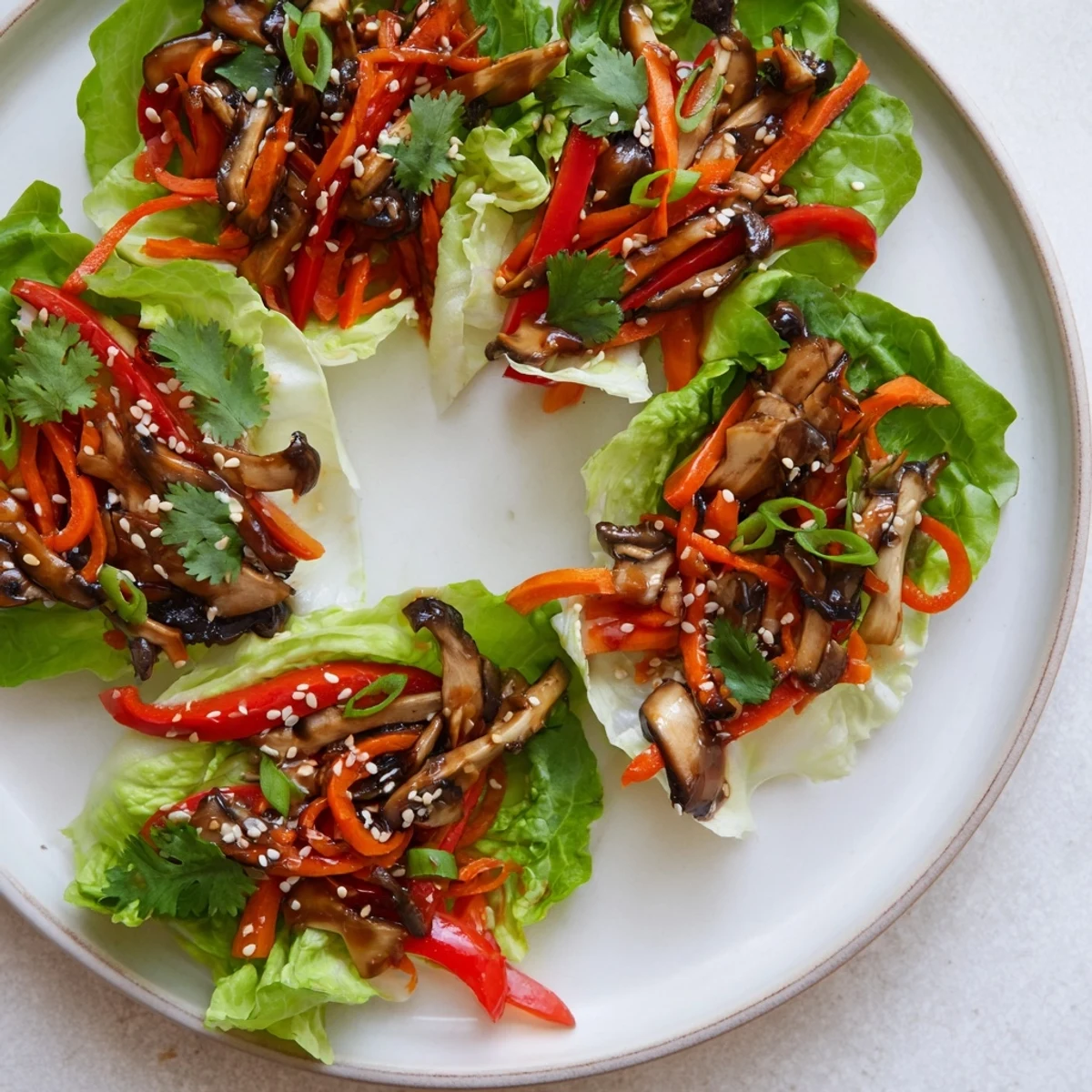 Crisp butter lettuce leaves filled with savory shiitake mushroom lettuce wraps, garnished with fresh cilantro and sesame seeds for a light appetizer.