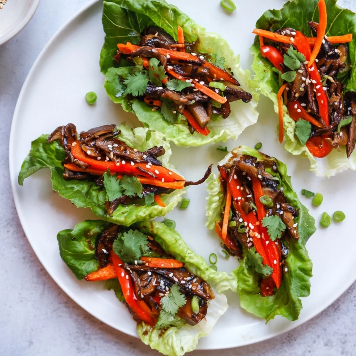 Sizzling shiitake mushroom lettuce wraps in a pan, featuring tender mushrooms and colorful vegetables, served with a drizzle of savory sauce.
