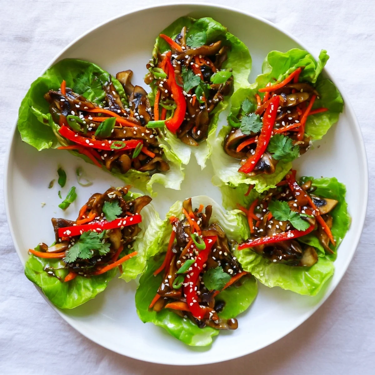 Fresh shiitake mushroom lettuce wraps displayed on a wooden board, filled with vibrant carrots and bell peppers, ready to be enjoyed as a snack.