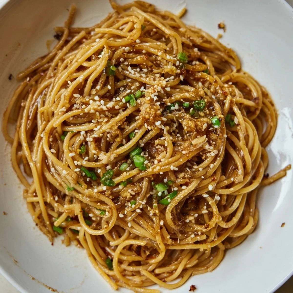 A close-up of Garlic Noodles tossed in a glossy, garlicky sauce with chopped scallions and toasted sesame seeds, served on a white plate.