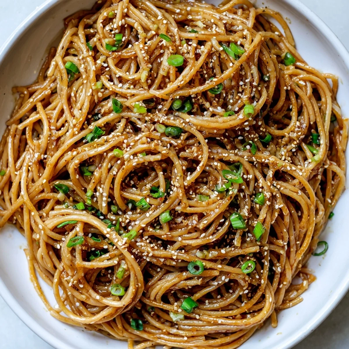 A serving of Garlic Noodles topped with grated Parmesan and fresh scallions, paired with chopsticks on a rustic wooden table for dinner.