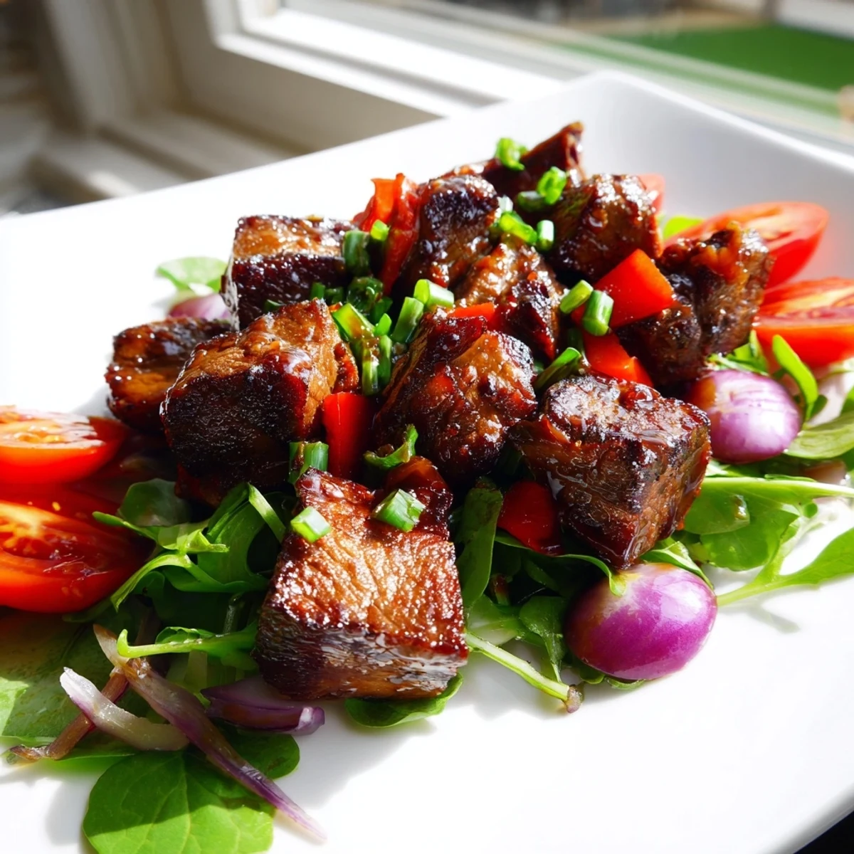 Juicy marinated beef cubes and crisp bell peppers in Vietnamese Shaking Beef sizzling in a wok, served with fresh watercress and tomato slices.