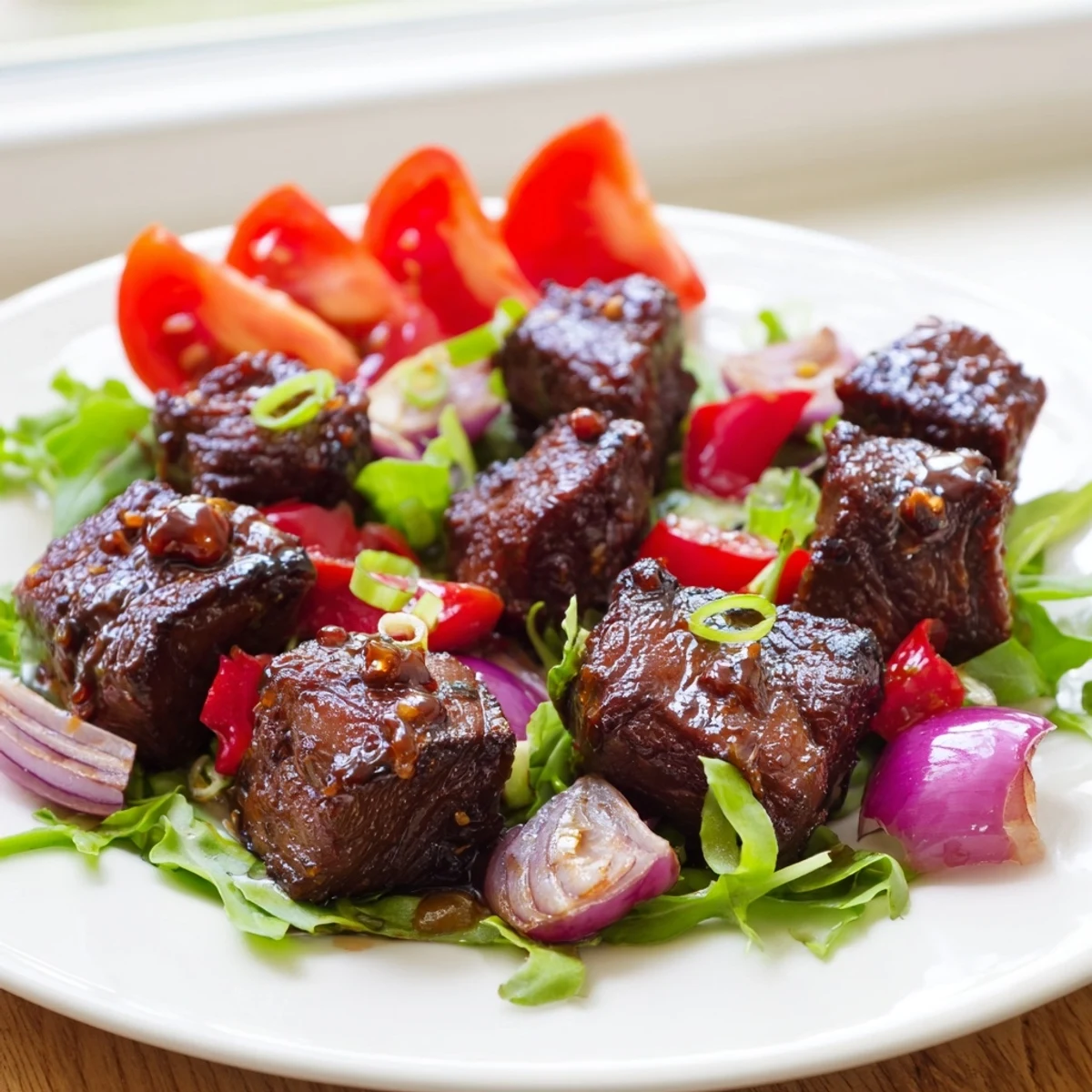 A close-up of tender Vietnamese Shaking Beef with red onion and spring onions, highlighting the savory sear and vibrant vegetable texture.