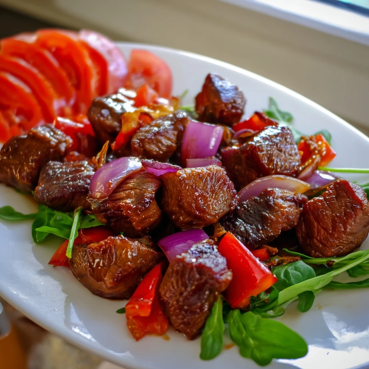Colorful platter of Vietnamese Shaking Beef stir-fry alongside steamed jasmine rice and lime dipping sauce, perfect for a family-style dinner.