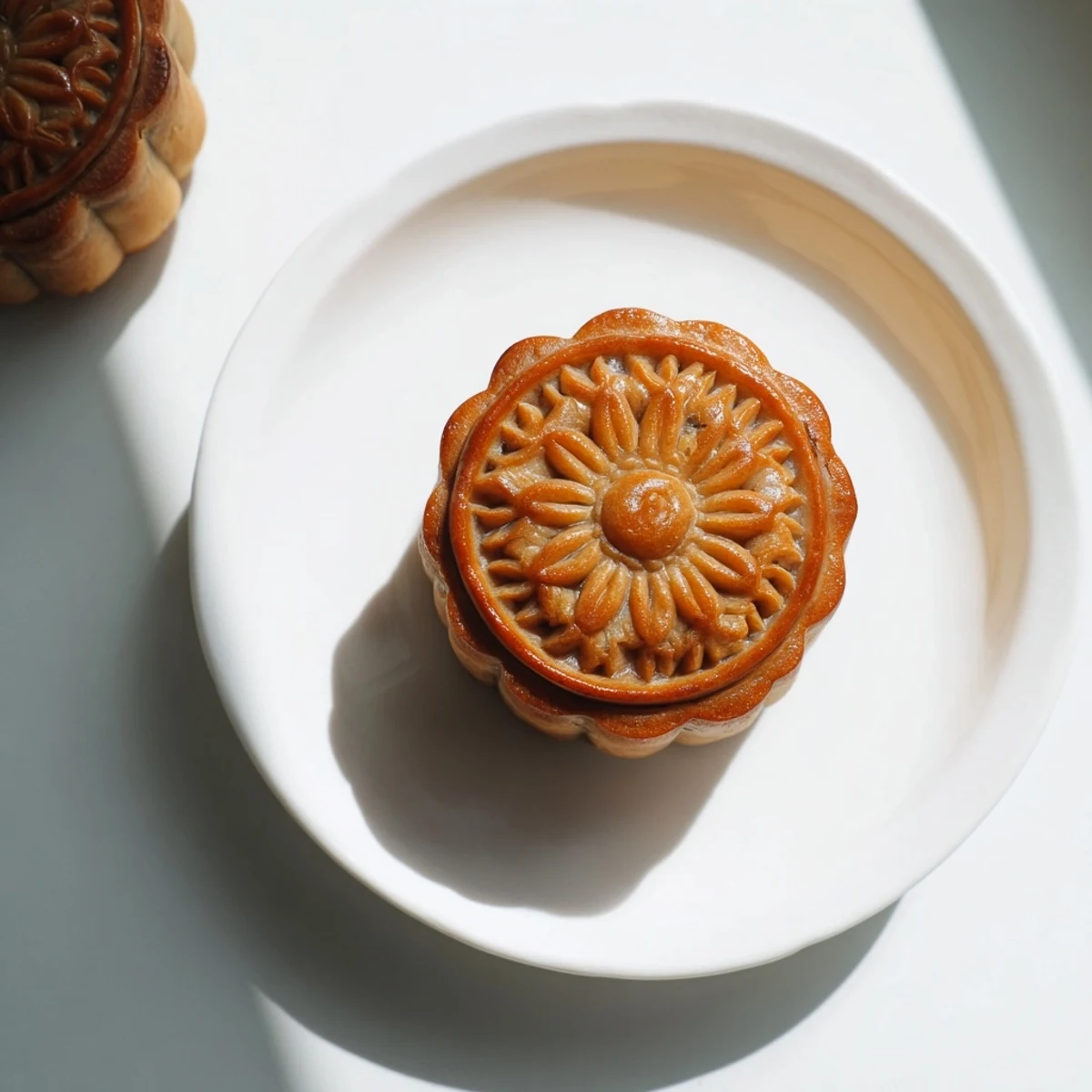 Golden-brown mooncakes with intricate floral patterns rest on a tray, hinting at sweet lotus paste inside.