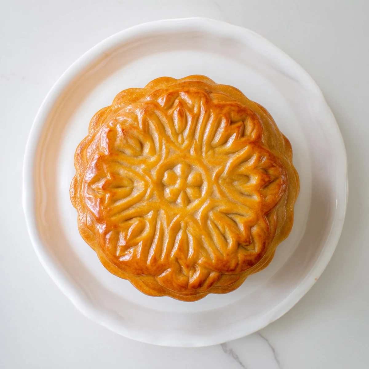 A freshly baked mooncake sits on a plate next to a cup of hot Chinese tea.