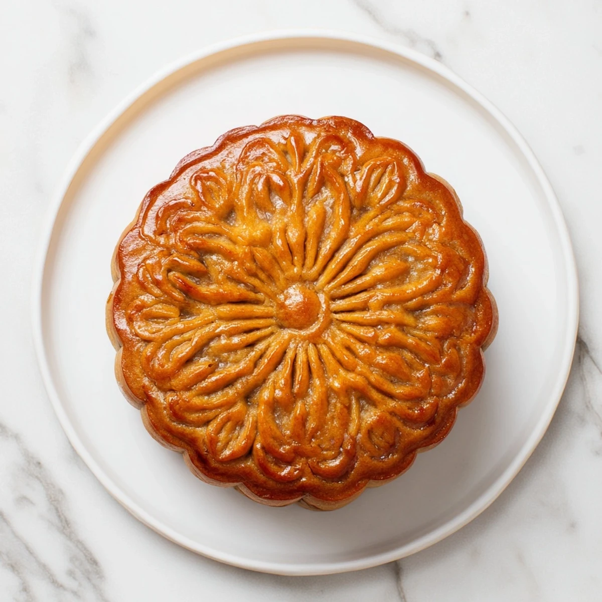 Crumbly, golden pastry of a homemade mooncake shows a cross-section of rich lotus seed filling.