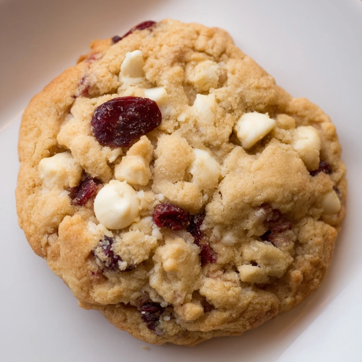 Freshly baked White Chocolate Cranberry Cookies with creamy white chocolate chips and tart cranberries on a parchment-lined tray.