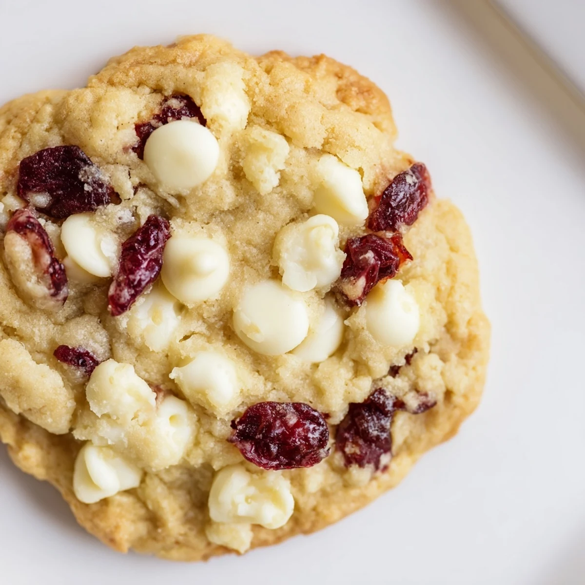 Warm White Chocolate Cranberry Cookies with soft centers and golden edges, served on a rustic wooden board.