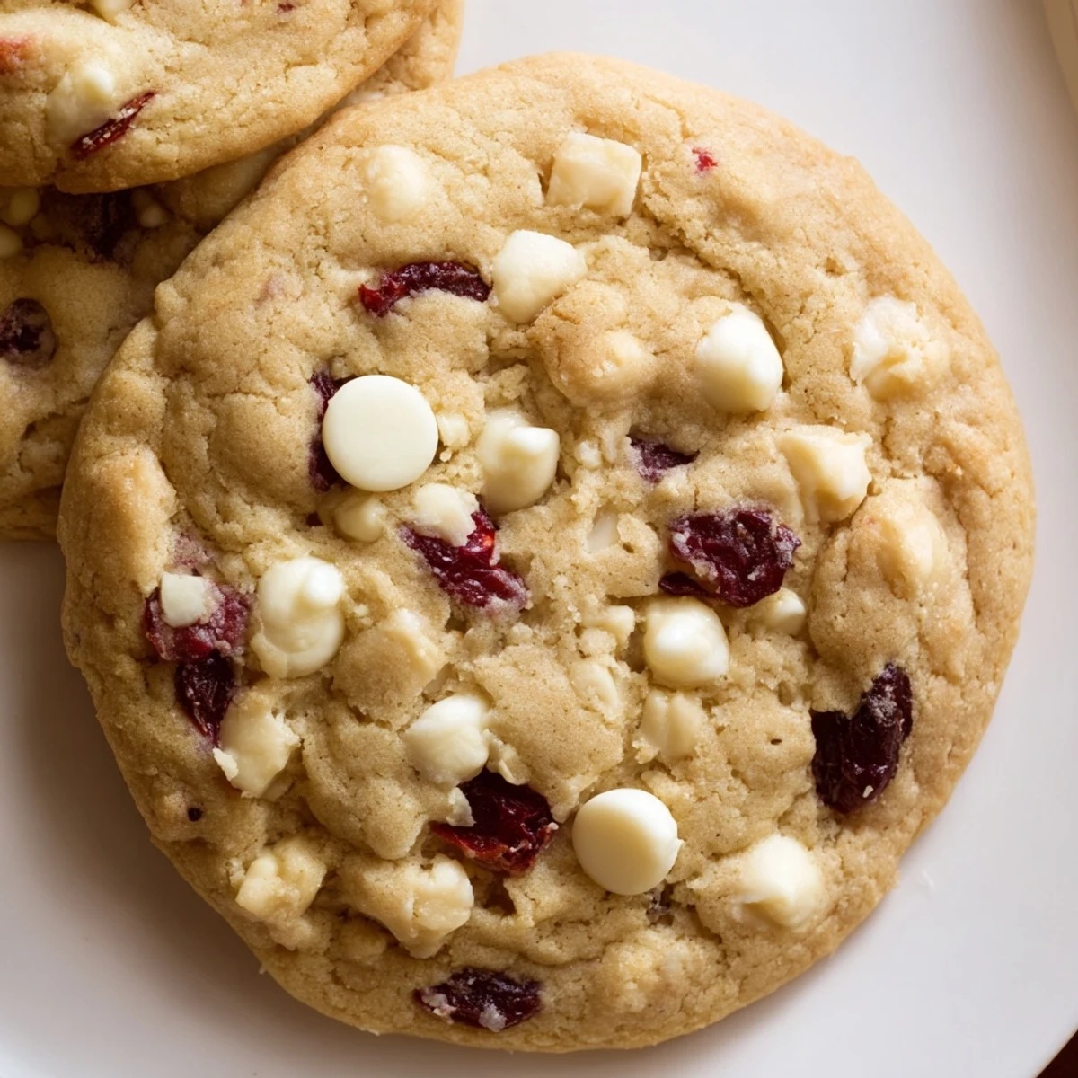 Platter of festive White Chocolate Cranberry Cookies, studded with white chocolate chips and chewy dried cranberries.
