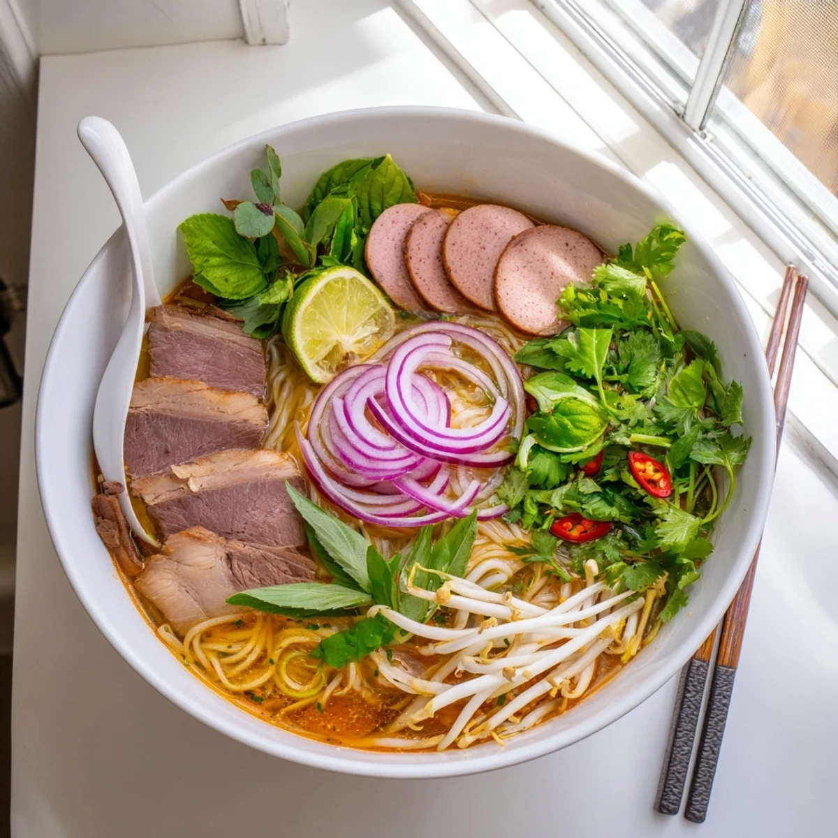 Steaming bowl of Bun Bo Hue with thick rice noodles, tender beef, and aromatic lemongrass broth.
