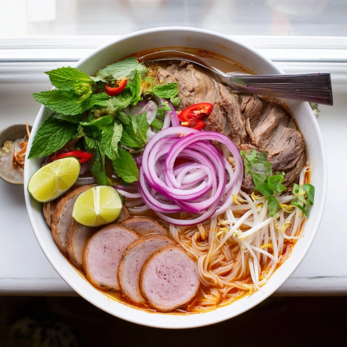 Fragrant Bun Bo Hue served with sliced meats, bean sprouts, and colorful garnishes on a ceramic plate.