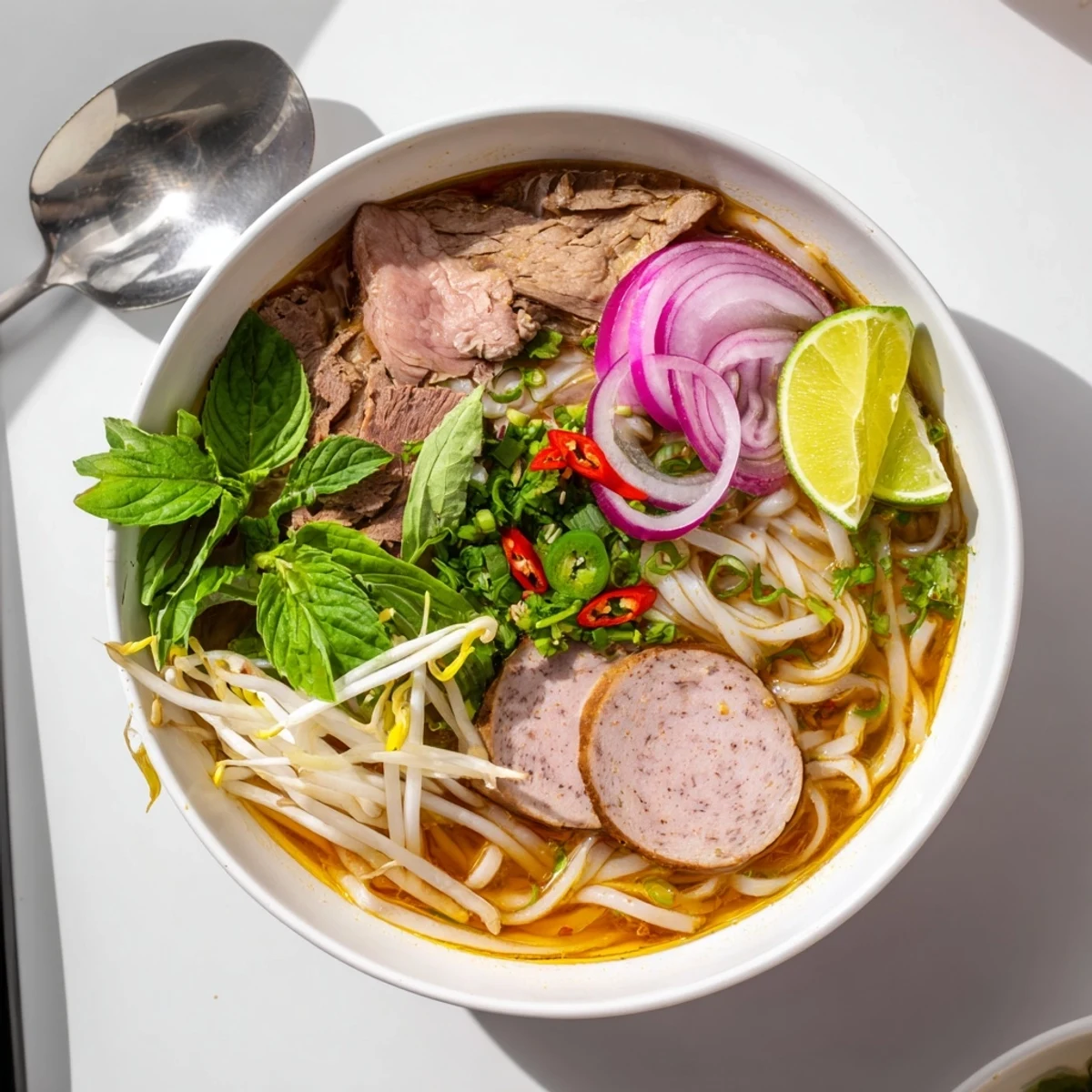 Spicy Bun Bo Hue topped with fresh herbs, lime wedges, and a drizzle of red chili oil.