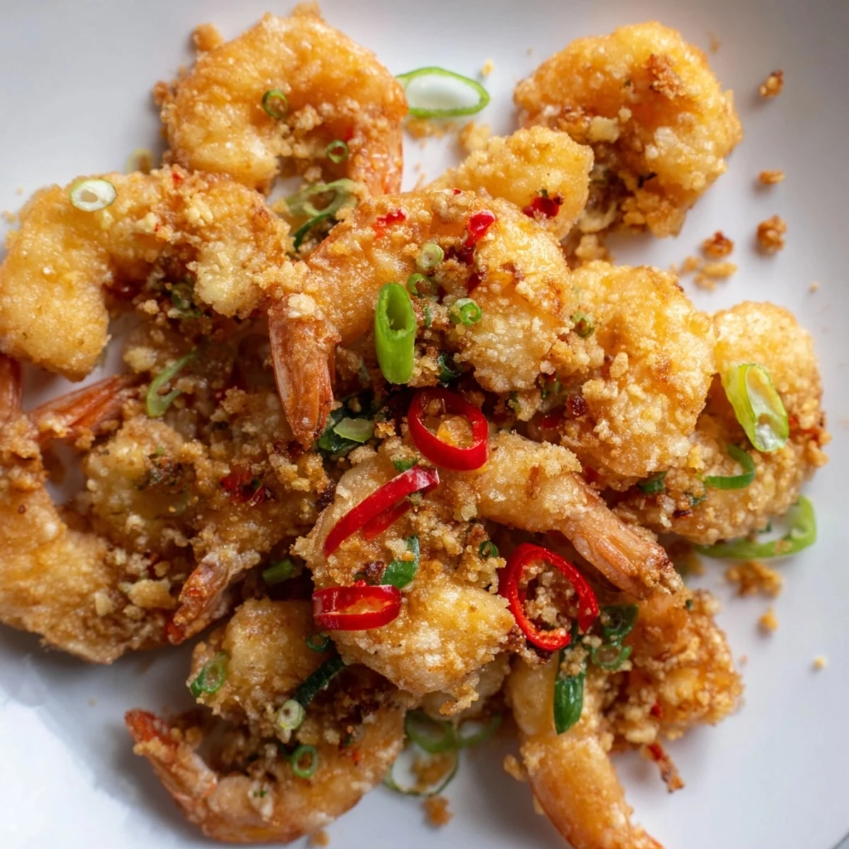 Savory Salt and Pepper Shrimp with golden fried texture beside steamed jasmine rice.