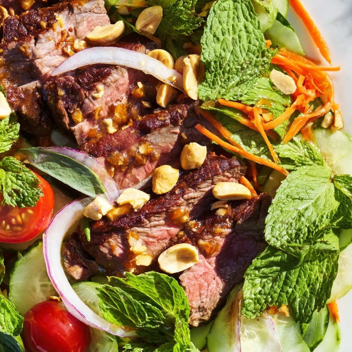 Colorful platter of Vietnamese Beef and Watercress Salad topped with peanuts, cucumber, and herbs.