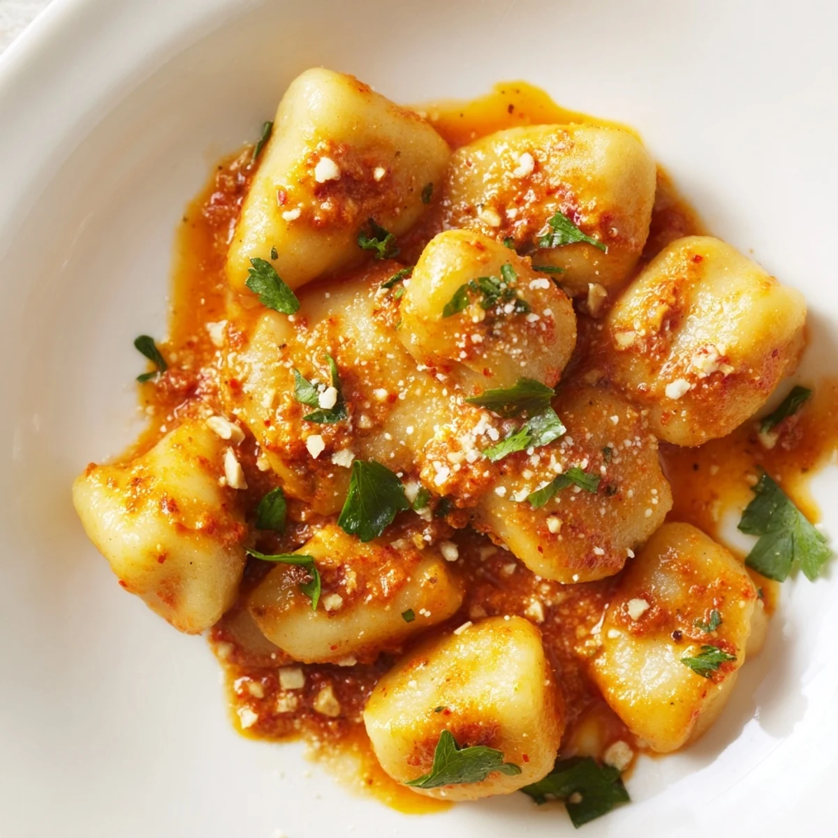 Pillowy potato gnocchi tossed in a smoky-sweet Romesco sauce, garnished with fresh parsley.