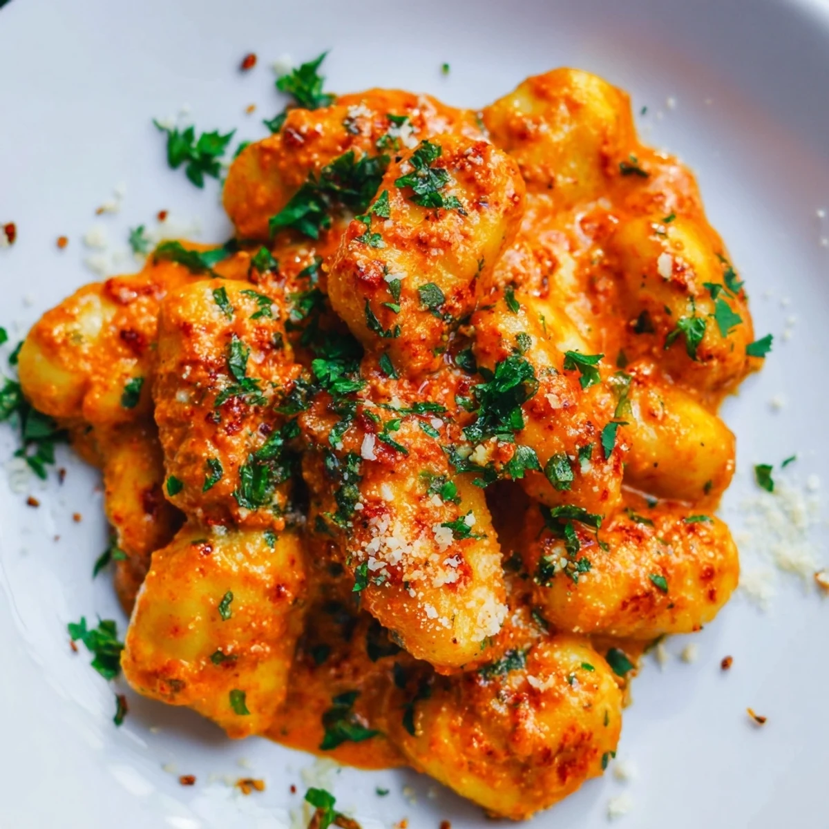 Golden gnocchi coated in a vibrant red pepper almond sauce for a Spanish-inspired dinner.