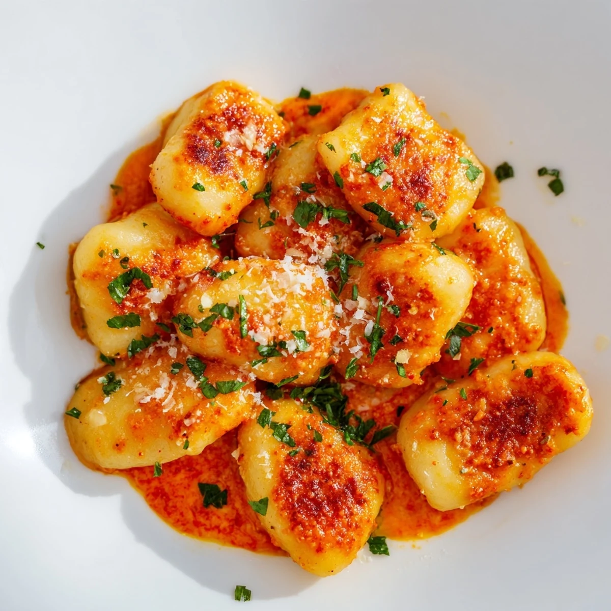 Savory gnocchi with Quick Romesco Sauce, served warm with optional grated Parmesan cheese.