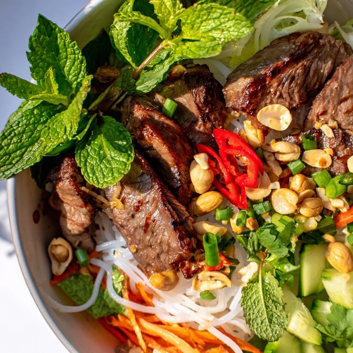 Spicy Bun Bo Xao noodle salad featuring sizzling beef, fresh mint, cilantro, and lime wedges for a zesty finish.