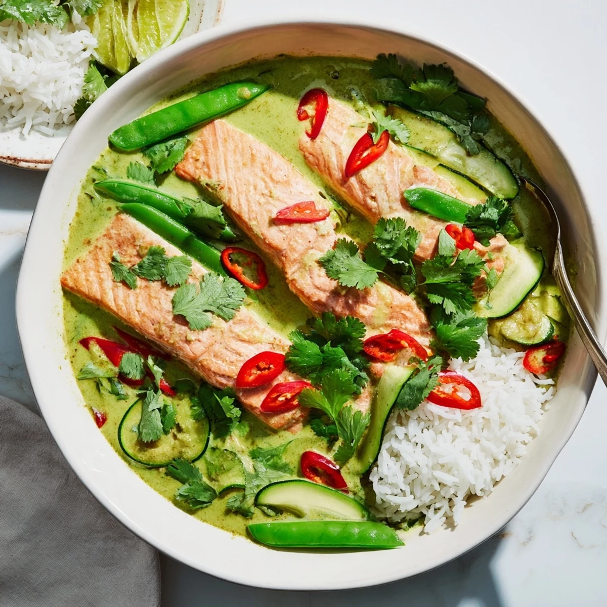 A close-up of Green Thai Curry Salmon garnished with cilantro and lime wedges over jasmine rice.