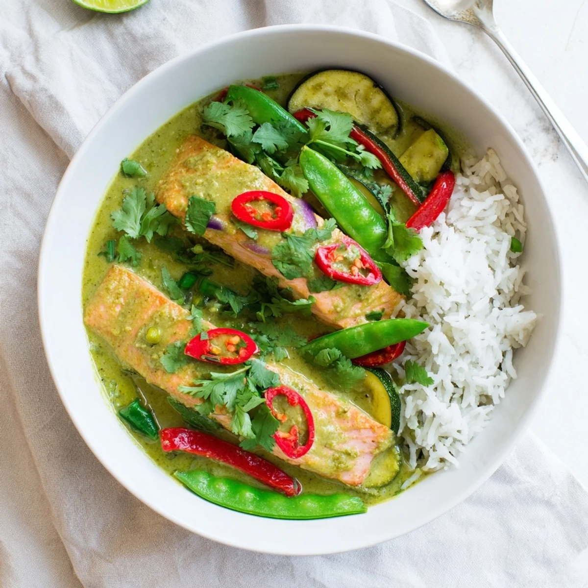 Fresh salmon fillets simmer in vibrant green curry sauce with coconut milk and colorful vegetables.
