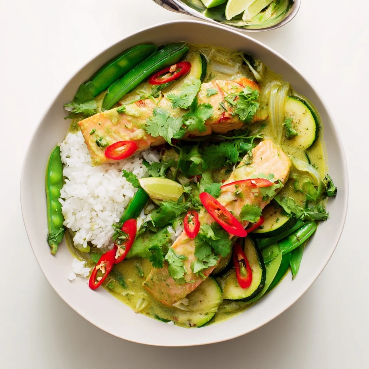 Sizzling Green Thai Curry Salmon served hot with zucchini, bell pepper, and snap peas.