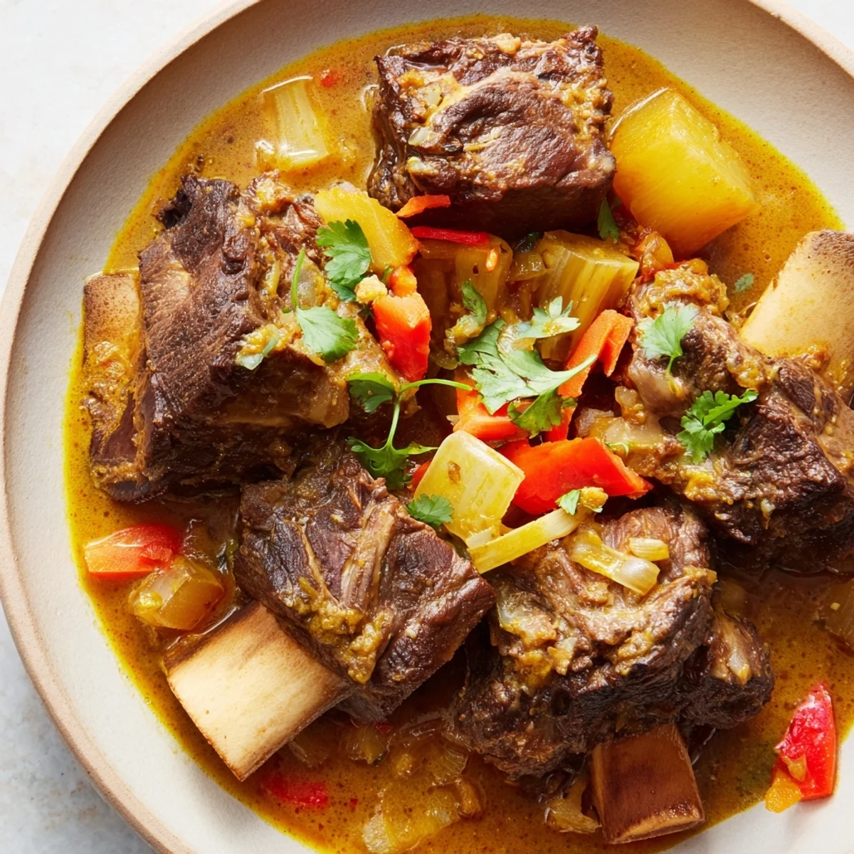 A steaming bowl of Cambodian Rib Ragu reveals fall-off-the-bone beef with aromatic lemongrass and fresh cilantro garnish.