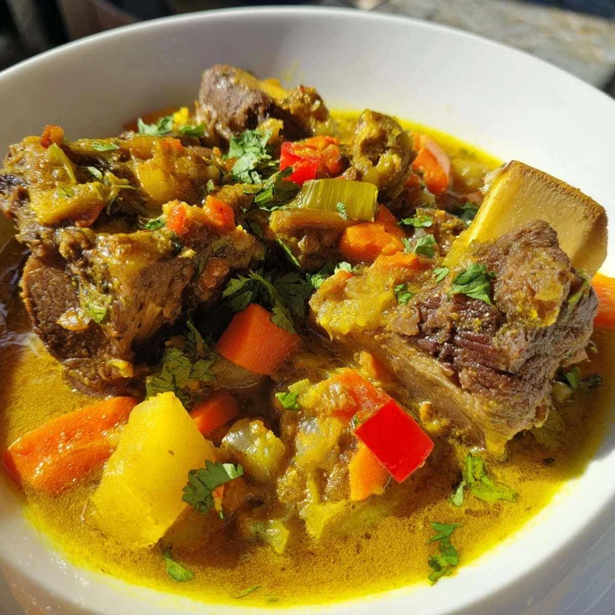 Close-up of rich Cambodian Rib Ragu with sautéed vegetables, revealing a thick, fragrant sauce and tender meat.