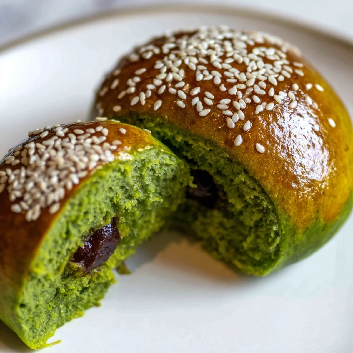 Soft, freshly baked Matcha Red Bean Buns with a vibrant green exterior and sweet red bean filling on a cooling rack.