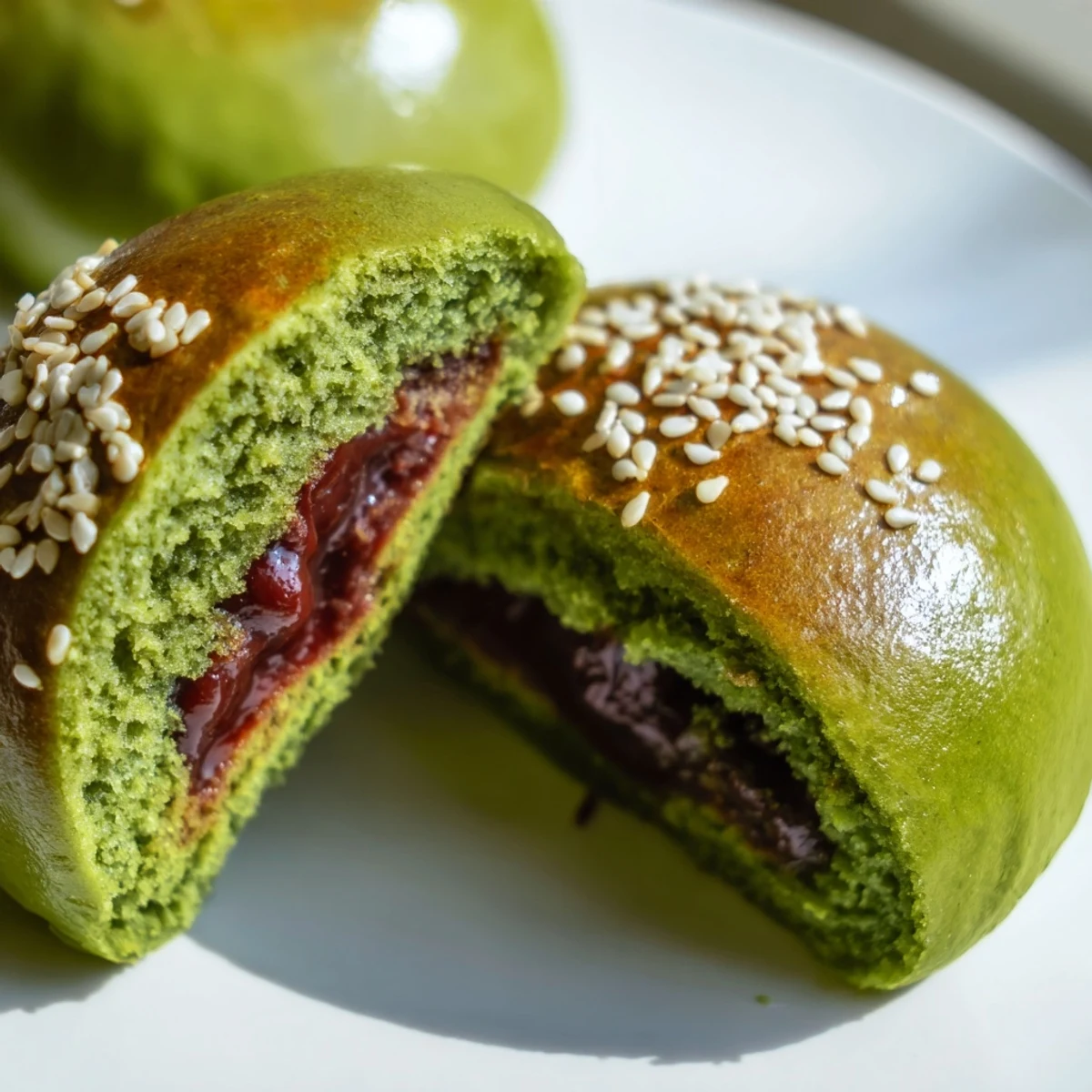 Warm Matcha Red Bean Buns show a golden egg wash and sesame seeds, sliced open to reveal the creamy red bean paste.