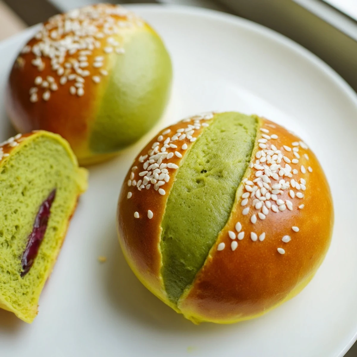 Stack of fluffy Matcha Red Bean Buns with visible matcha flecks, perfect for a Japanese-inspired breakfast or afternoon snack.