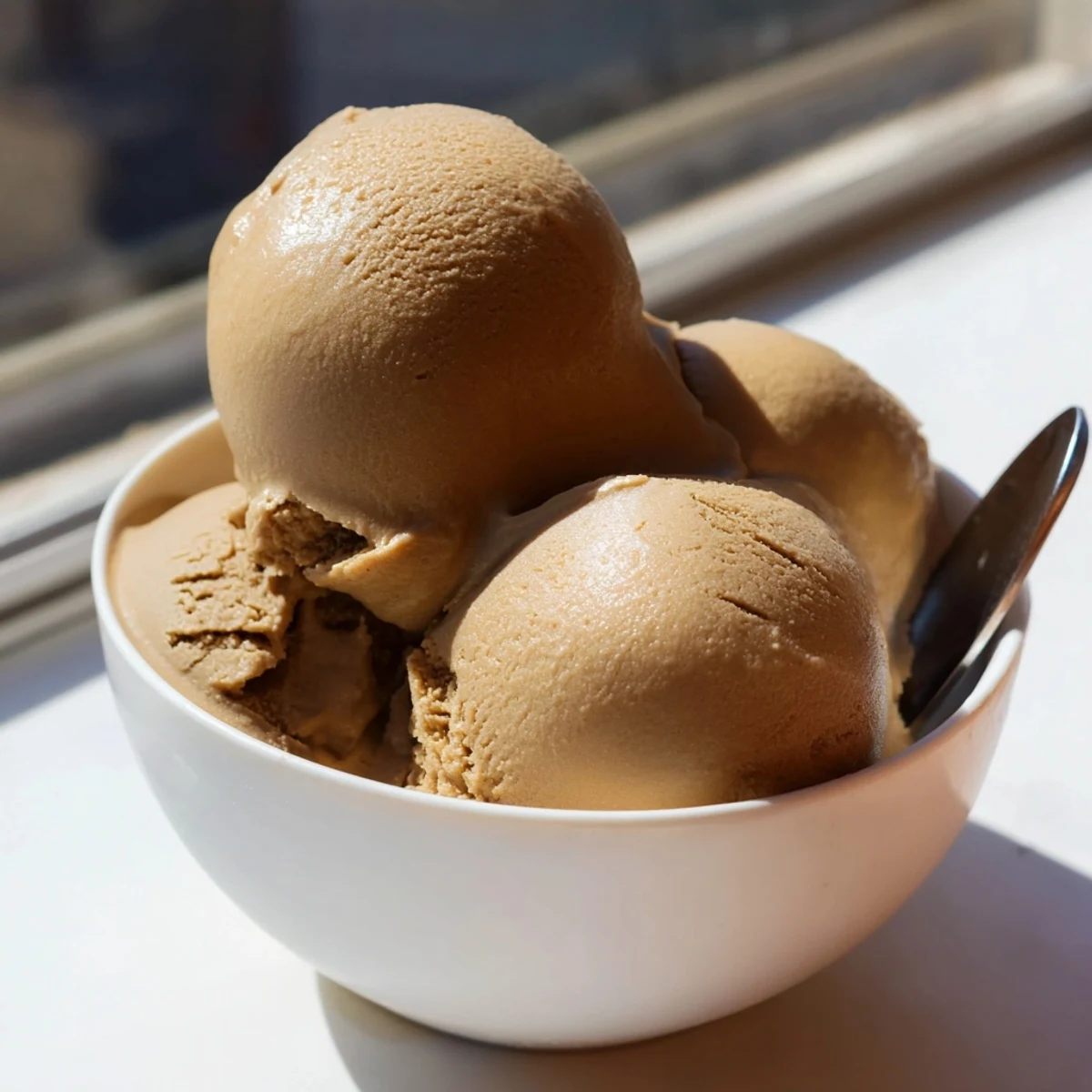 Close-up of freshly churned Hojicha Ice Cream showing rich, warm brown color and velvety consistency, perfect for a Japanese-inspired dessert.