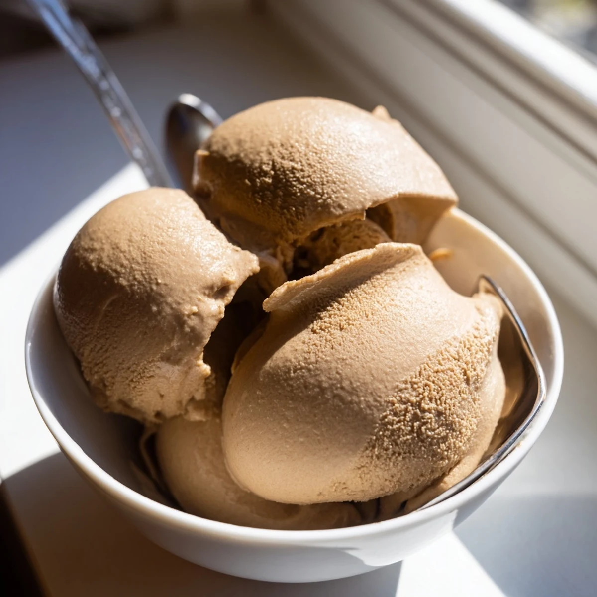 Serving suggestion for Hojicha Ice Cream in a clear glass dish, topped with black sugar syrup for an extra sweet touch.