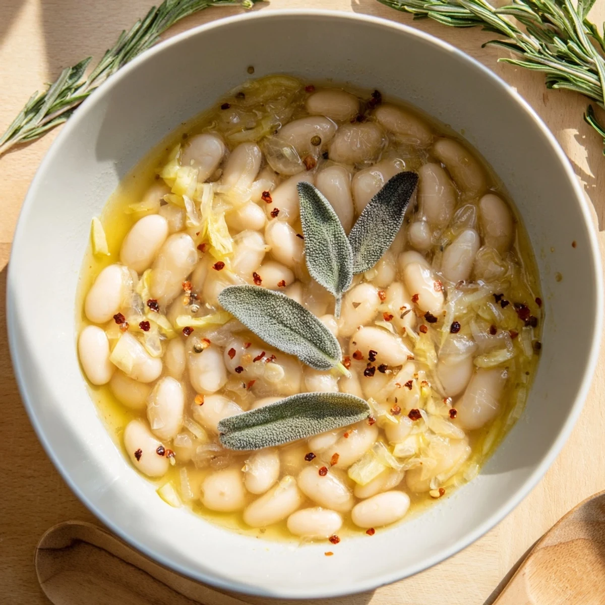 A rustic bowl of Tuscan White Beans featuring creamy cannellini beans simmered with fresh rosemary, sage, and garlic in olive oil.