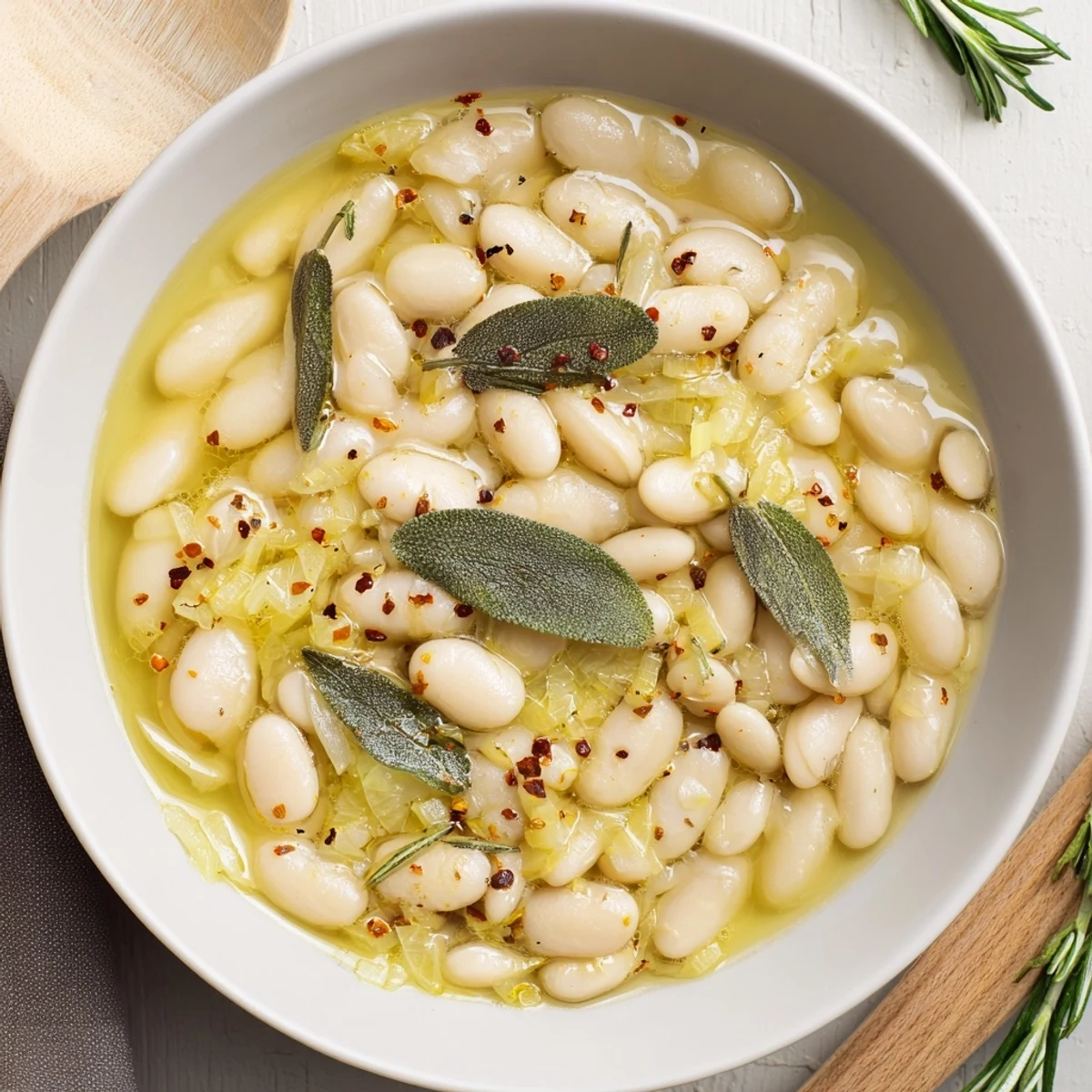 Tuscan White Beans served warm with a drizzle of extra-virgin olive oil and a pinch of red pepper flakes beside crusty bread.