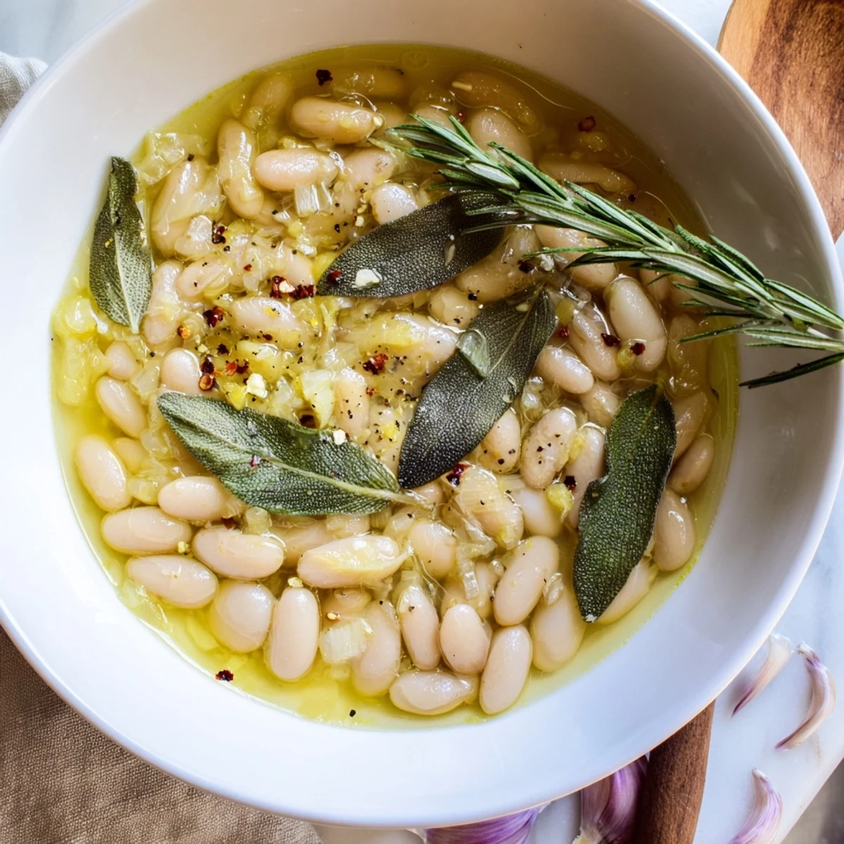 Close-up of Tuscan White Beans in a pot, highlighting tender beans and aromatic herbs, a perfect vegetarian Italian side dish for dinner.