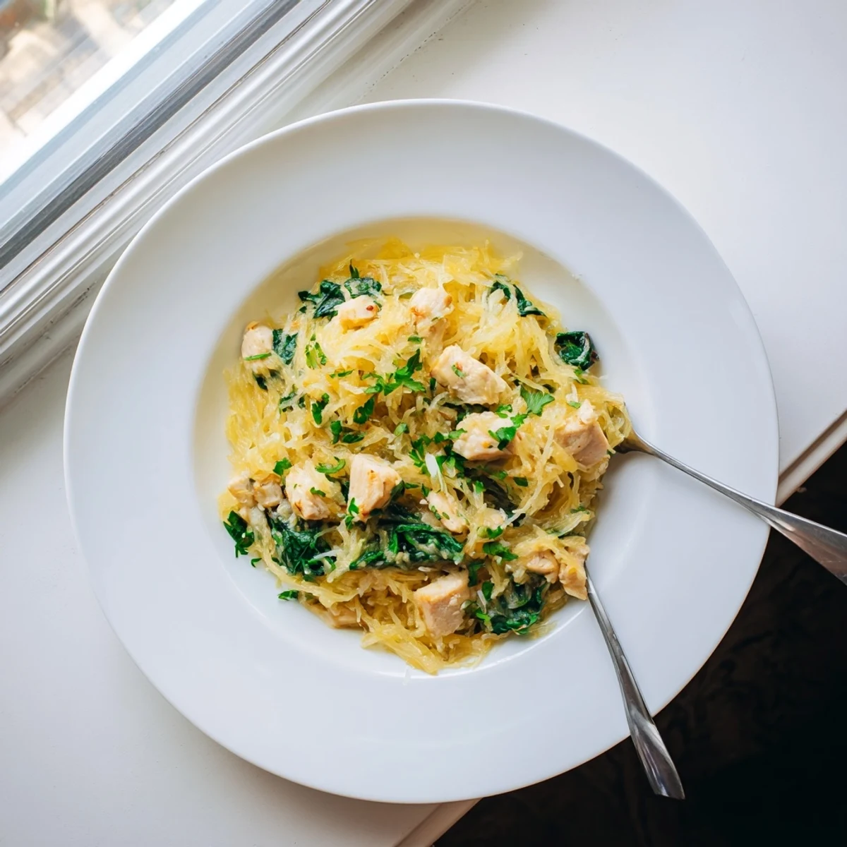 A close-up of Chicken and Spinach Spaghetti Squash Alfredo with golden roasted squash strands, creamy white sauce, and wilted green spinach leaves.