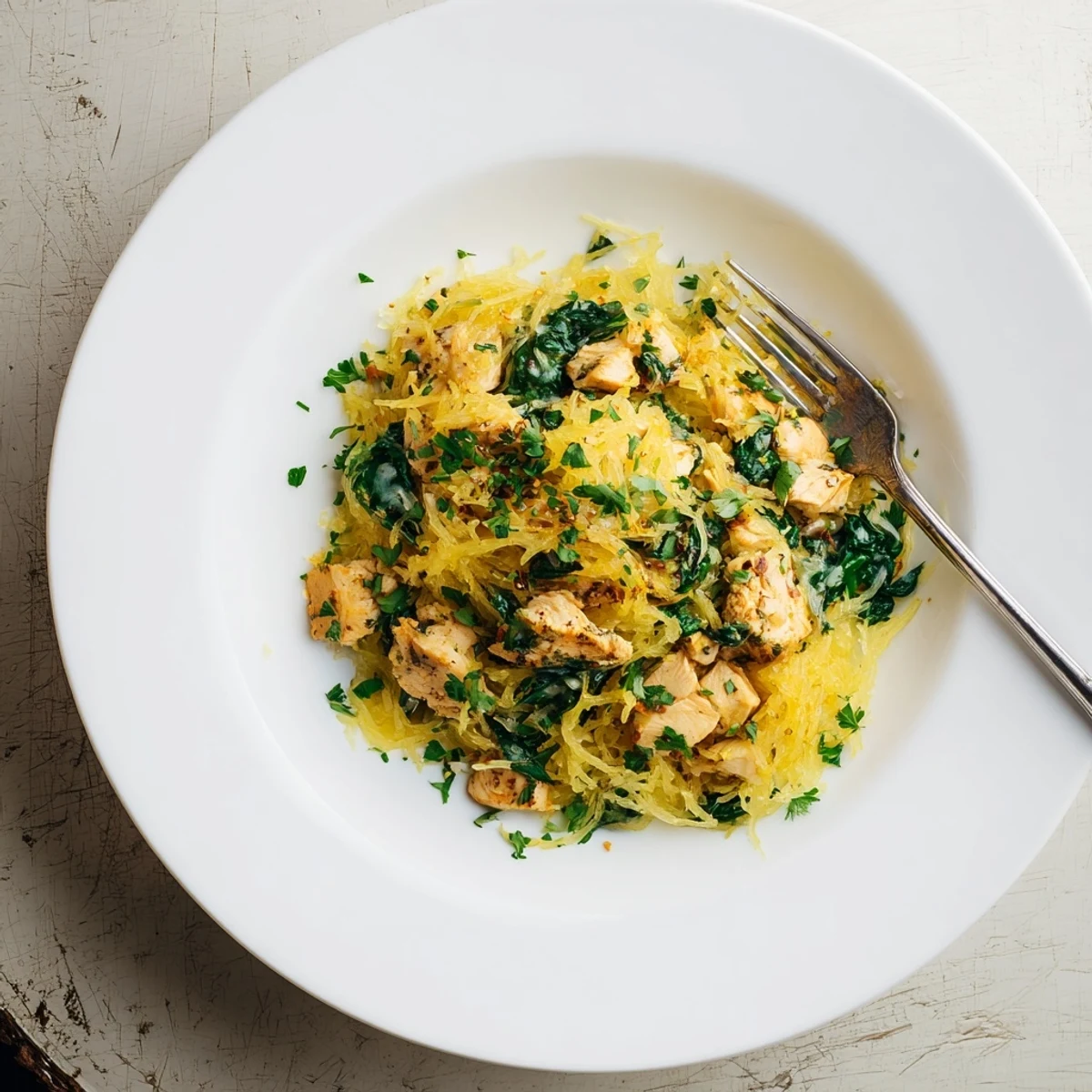 This low-carb Chicken and Spinach Spaghetti Squash Alfredo is served in a rustic bowl, garnished with fresh parsley and grated Parmesan cheese.