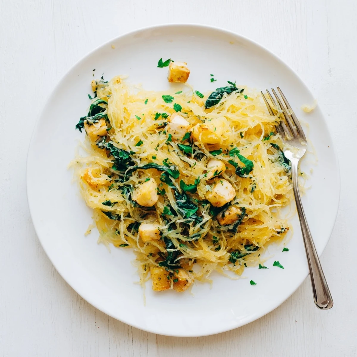 A family-style skillet of Chicken and Spinach Spaghetti Squash Alfredo shows tender diced chicken and rich garlicky sauce ready for dinner.